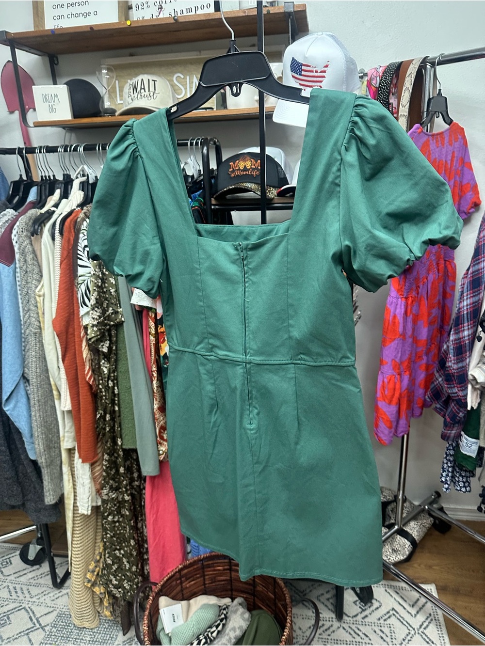 Puff-Sleeve Square-Neck Mini Dress in Forest Green - Picture 5 of 5